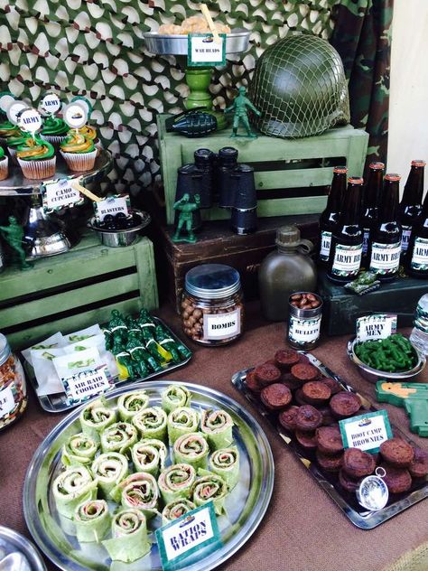 Army Birthday Party Ideas | Photo 2 of 26 | Catch My Party Army Birthday Party Ideas, Military Send Off Party Ideas, Halo Birthday Parties, Army Birthday Party, Army Birthday Cakes, Army Themed Birthday, Soldier Party, Camo Birthday Party, Paintball Birthday