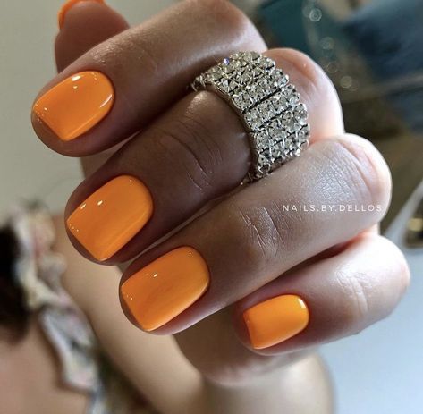 Dip Powder Nails Orange, Orange Shellac Nails, Bright Dip Nails, Orange Gel Nails Short, Short Bright Nails, Orange Short Nails, Short Orange Nails, Tangerine Nails, Nail Colors Spring