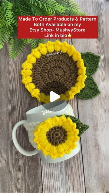 Crochet Sunflower Mug Cozy, Sunflowers Crochet, Crochet Painting, Mug Cozy Pattern, Leaf Mug, Sunflower Mug, Cozy Pattern, Coaster Pattern, Crochet Hack