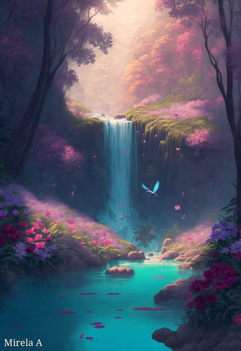 Dream Landscape Art, Waterfall Digital Art, Utopia Painting, Waterfall Concept Art, Fantasy Landscape Art, Beginners Acrylic Painting, Painting On Canvas For Beginners, Easy Flower Painting, Canvas For Beginners