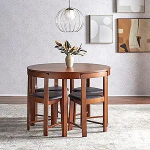 Amazon.com - Simple Living Harrisburg Tobey 5-piece Compact Round Dining Set Faux Leather, Wood Walnut Walnut Finish - Table & Chair Sets Small Round Kitchen Table, Dining Table Small Space, Compact Dining Table, Small Table And Chairs, Space Saving Table, Dining Roo, Round Kitchen Table, Small Kitchen Tables, Apartment Dining