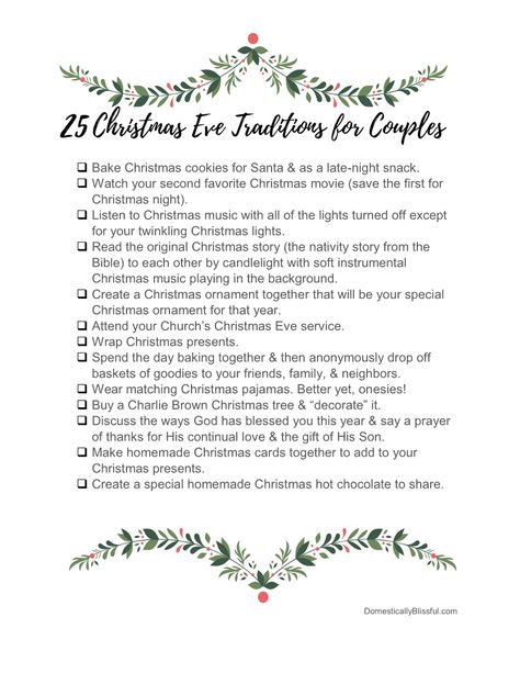 25 Christmas Eve traditions for couples to create a meaningful & memorable holiday. Couples Holiday Activities, Cute Traditions For Couples, Couple Holiday Traditions, Meaningful Christmas Traditions, Couples First Christmas Ideas, Christmas Traditions Couples, Christmas Eve Schedule, Christmas Couple Traditions, Christmas Eve Traditions For Couples