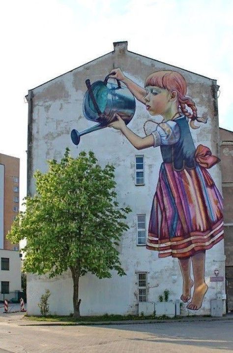 Garden Brick Wall Ideas Paint, Mural Ideas Creative Street Art, Funny Murals, Street Wall Painting Ideas Creative, Murals Street Art Creative, Street Murals, Brick Art, Sidewalk Art, 3d Street Art