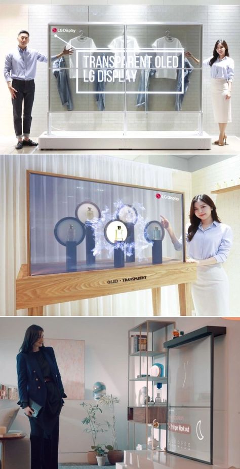 LG Display has announced new transparent OLED solutions to be introduced at CES 2022, including the latest home screen concept named ‘OLED Shelf’. It is a ‘transparent shelf’ that combines two transparent OLEDs vertically. #lgdisplay #shelf #transparent #homedecor #storageideas Transparent Screen Display, Transparent Led Display, Lg Display, Transparent Screen, Smart Mirror, Tradeshow Booth, Led Screen, Cleaning Appliances, Acrylic Display