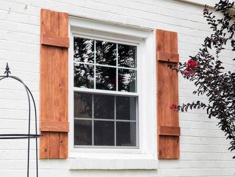 Refresh your home's curb appeal with these easy-to-build board-and-batten-style cedar window shutters. Cedar Window Shutters, Shutters For Large Windows, Outside Shutters, Window Shutters Diy, Shutters Outdoor, Reno Tips, Shutter Ideas, Window Shutters Exterior, Diy Exterior