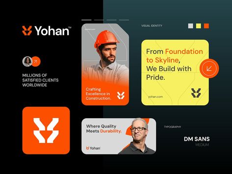 Yohan™ - Logo & Branding for Construction Company - Y - Pillars by Rahid Rehman (Nesar) on Dribbble Construction Branding Design, Construction Social Media Design, Construction Identity, Construction Company Branding, H Logo Design, Orange Branding, Visual Identity Design Branding, Graphic Designer Logo, Identity Card Design