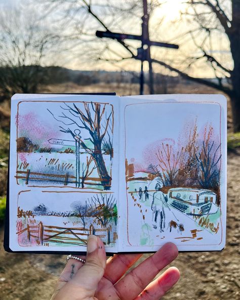 😀l’ve started a new small sketchbook based on an idea by @emmacarlisle_ ‘30 paces from home’ This little sketchbook now accompanies me on my daily morning walks. I’m able to spend 30 minutes filling double-page spreads with mixed media ( pretty random selection hence odd palette choices) This ritual has become my daily mindfulness practice, grounding me in the present moment as I capture whatever I see around me.These sketches aren’t meant to be fully finished or realized pieces. Swift sketc... Sketchbook Page Layout Ideas, Daily Art Practice, Observational Sketchbook, Filled Sketchbook, Small Sketchbook Ideas, A6 Sketchbook, Ohn Mar Win, Daily Sketchbook, Watercolour Sketchbook