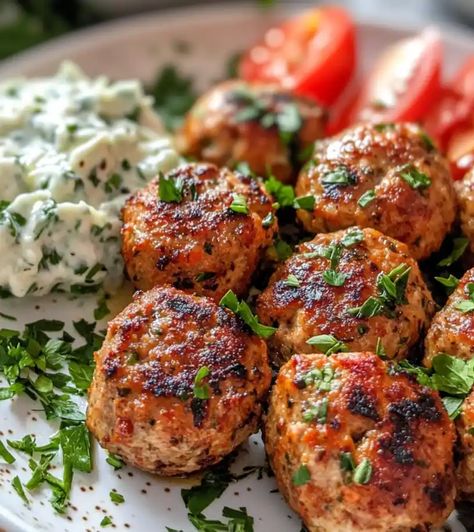 Greek Turkey Meatballs with Tzatziki Meatball Gyros, Oven Meatballs, Greek Turkey Meatballs, Ground Turkey Meatballs, Greek Turkey, Homemade Tzatziki Sauce, Greek Meatballs, Mediterranean Spices, Homemade Tzatziki