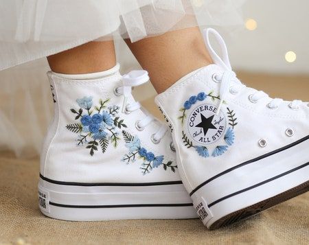 CustomConversDesigns - Etsy UK Platform Shoes Converse, Blue Bouquets, Cute Converse Shoes, Unique Gifts For Girlfriend, Converse Wedding Shoes, Bridal Sneakers, Embroidered Converse, White High Top Converse, Cute Converse