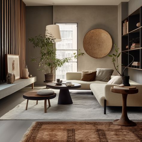 Japandi Dark Academia, Grey Mid Century Modern Living Room, Japandi Industrial Interior, Dark Mid Century Modern Living Room, Dark And Light Wood Furniture Mixing, Japandi Dark Wood, Hotel Style Living Room, Modern Japandi Living Room, Halloween Door Ideas