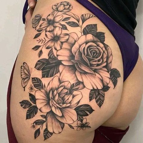 Women Leg Tattoos, Bum Tattoo Women, Cover Up Tattoos For Women, Floral Thigh Tattoos, Timeless Tattoo, Hip Thigh Tattoos, Usa Tattoo, Hip Tattoos, Hip Tattoos Women