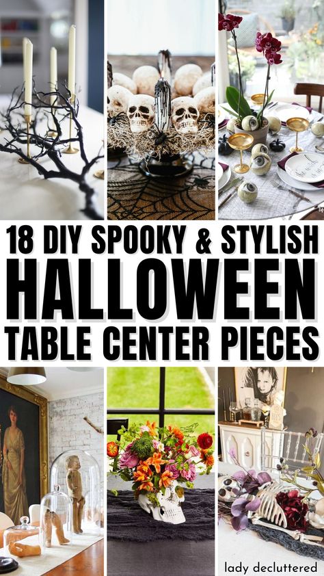 18 DIY Spooky & Stylish Halloween Table Center Pieces Formal Dining Room Halloween Decor, Halloween Decorations Indoor Dining Table, Halloween Kitchen Table Decorations, Table Centerpiece Halloween, Halloween Dining Table Centerpiece Ideas, Halloween Decor Centerpiece, Halloween Centre Pieces, Halloween Table Centrepiece, Spooky Table Centerpieces