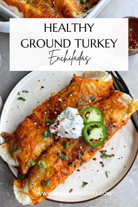 These Healthy Ground Turkey Enchiladas make for a perfect weeknight dinner! They are filled with flavor too. Healthy Ground Turkey Enchiladas, Enchiladas Turkey Ground, Ground Turkey Thanksgiving Recipes, Ground Turkey Recipes Mexican, Ground Turkey Mexican Recipes, Ground Turkey Lunch Recipes, Turkey Enchiladas Healthy, Turkey Mexican Recipes, Ground Turkey Mexican