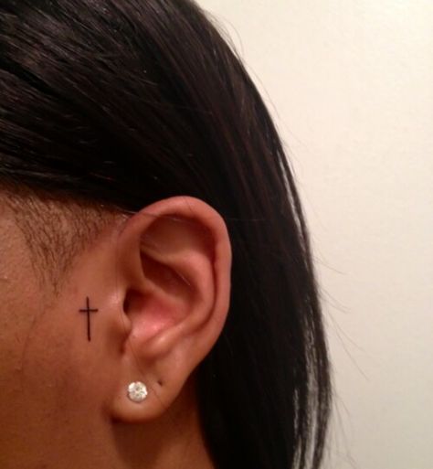 Tattoos By Ear On Face, Cross By Ear Tattoo, Cross On Ear Tattoo, Cross On Face Tattoo, Heart By Ear Tattoo, Side Ear Tattoo Women, Front Of Ear Tattoos For Women, Cross Ear Tattoo, Ear Cross Tattoo