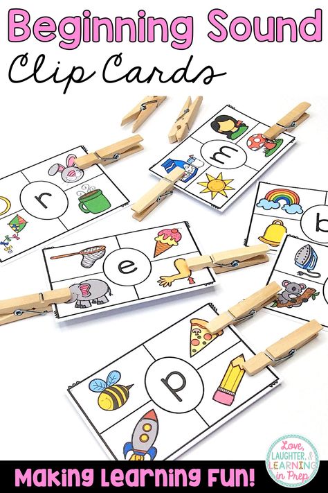 Phonics clip cards are the perfect low-prep addition to your literacy centers!  Print, laminate, add pegs and you're ready to go!  In this activity, children determine the beginning sound of each picture and clip the two that match the letter in the middle of each card. Teaching Game, Beginning Sound, Busy Boxes, Beginning Sounds, Clip Cards, Letter Sounds, Teaching Kindergarten, Literacy Centers, Task Cards