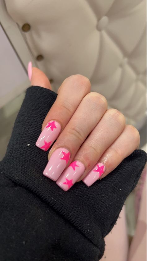 #stars #starnails #babypinknails #pink #pinknails Pink Nails Star Design, Pink Nails With Pink Stars, Star Nails Medium, Hot And Light Pink Nails, Pink Acrylic Nails With Stars, Square Acrylic Nails Hot Pink, Light Pink Nails With Stars, Pink Nails With Black Stars, Pink Cute Nails Acrylic