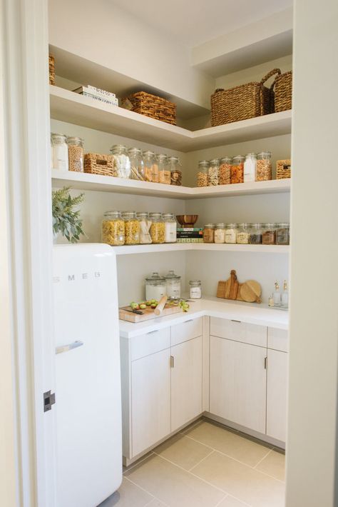 Some people have a second fridge in the basement or garage. Moradi has one in her pantry—a much more accessible location—and keeps it stocked with beverages. Pantry With Full Size Fridge, Scullery Ideas, Modern Farmhouse Pantry, Pretty Pantry, Pantry Inspiration, Gray Gardens, Apartment Entrance, Smoothie Maker, Farmhouse Pantry