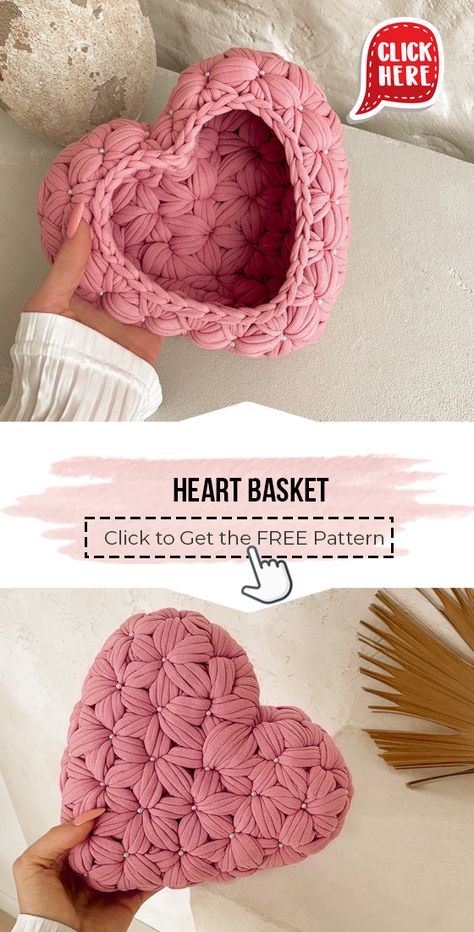 Easy Crochet Basket Pattern, Heart Basket, Crochet Basket Pattern Free, Crochet Storage Baskets, Crochet Heart Pattern, Crochet Storage, Basket Pattern, Valentines Crochet, Crochet Basket Pattern