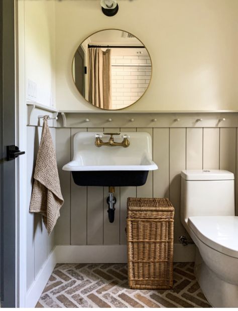 Brick Floor Bathroom, Herringbone Brick Floor, Old Fashioned House, Beautiful Small Bathrooms, Vanity Inspiration, Craftsman Bathroom, Wainscoting Bathroom, Cast Iron Sink, Small Toilet Room