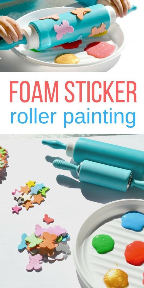 foam sticker roller painting for toddlers and preschool Easy Art Projects For Kids, Roller Painting, Outdoor Activities For Toddlers, Toddler Painting, Art Activities For Toddlers, Toddler Art Projects, Fun Outdoor Activities, Art Projects For Kids, Painting Activities