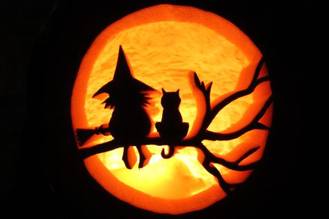 Witch Cat Pumpkin Carving, Teapot Pumpkin Carving, Pumpkin Witch Carving, Highland Cow Pumpkin Carving, Cat And Moon Pumpkin Carving, Pumpkin Carving Tree, Painted And Carved Pumpkins, Tree Pumpkin Carving, Pumpkin Carving Ideas Witch