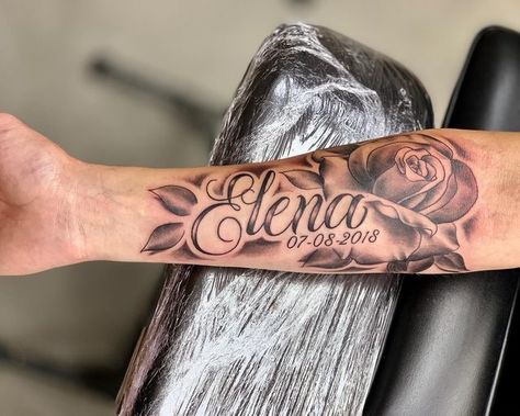 Forearm Name Tattoos, Tattoo Writing Fonts, Rose Tattoo With Name, Name Tattoos On Arm, Tattoo Name Fonts, Name Tattoos For Moms, Baby Tattoo Designs, Tattoo Lettering Styles, Rose Tattoos For Women