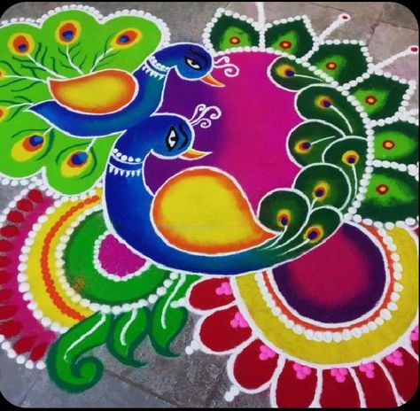 Best Rangoli Designs Diwali Peacock, Pecock Model Rangoli, Peacock Rangoli Designs, Rangoli Photos, Margali Kolam, Simple Flower Rangoli, Poster Rangoli, Rangoli Designs Videos, New Year Rangoli