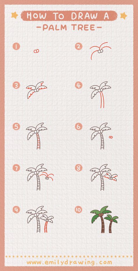 Setp by Step tutorial on how to draw a palm tree. FREE download the Printable drawing guide and coloring page,Click to Get! #drawing #howtodrawapalmtree #palmtree #learntodraw #howtodraw Cute Palm Tree Drawing, How To Draw Palm Trees, How To Draw A Palm Tree, Palm Tree Doodle, Draw A Palm Tree, Cartoon Palm Tree, How To Dr, Palm Tree Drawing, Tree Doodle