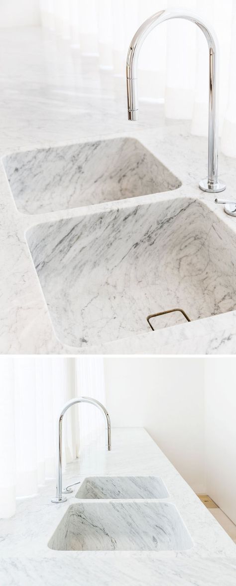 KITCHEN DESIGN IDEA - 7 Kitchen Sinks Integrated Into The Countertop // These… Kitchen Sink Design, Marble Sink, Stainless Sink, Marble Sinks, Sink Design, Kitchen Marble, Shower Room, Kitchen Countertops, 인테리어 디자인