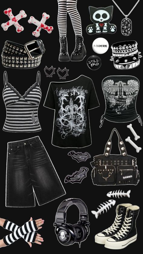 Emo Collage, Alt Style Inspiration, Grunge Emo Outfits, 2000s Alt Fashion, Alt Style Outfit, Clothes Collage, Emo Scene Outfits, Emo Clothes, Punk Style Outfits