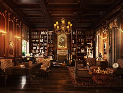 Vintage Office on Behance Home Office Mansion, Home Office Old Fashioned, Old Fashion Office, Old Fashioned Study, Old Money Study Room, Old Money Home Office, Old Office Aesthetic, Old Fashioned Office, Medieval Office