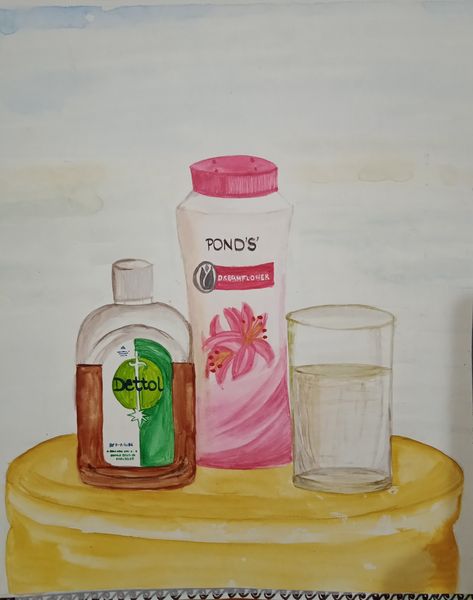 Still life water colour drawing Still Life Poster Colour Painting, Object Drawing Still Life Watercolor Painting, Still Life Drawing Colour, Watercolour Still Life, Intermediate Drawing, Basic Drawings, Watercolor Indian, Simple Frock, Still Life Sketch