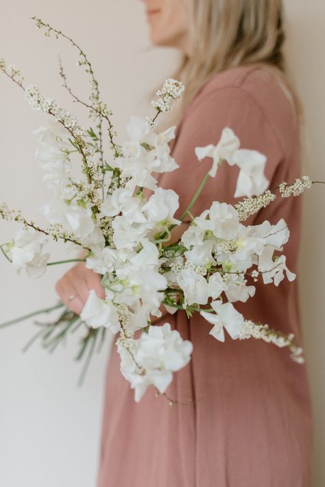 Spirea & white sweet pea bridal bouquet Sweet Pea Bouquet Wedding, Spirea Bouquet, Sweet Pea Bridal Bouquet, Sweet Pea Wedding Bouquet, White Sweet Pea, Flowers Installation, Sweet Pea Bouquet, Flower Aesthetics, Thompson Hotel