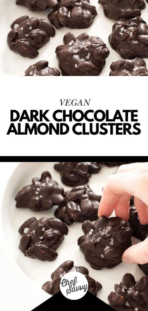 Save this Quick & Easy Dark Chocolate Almond Clusters Recipe. It doesn’t get easier than these 5-minute Dark Chocolate Almond Clusters! Vegan, gluten-free, and absolutely delicious, this quick and healthy holiday dessert is made with just two simple ingredients. Follow Chef Savvy for more holidays dessert recipes! Simple Dark Chocolate Recipes, Chocolate Almond Clusters, Holiday Cooking Recipes, Clusters Recipe, Healthy Holiday Desserts, Almond Clusters, Dark Chocolate Desserts, Almond Desserts, Chef Savvy