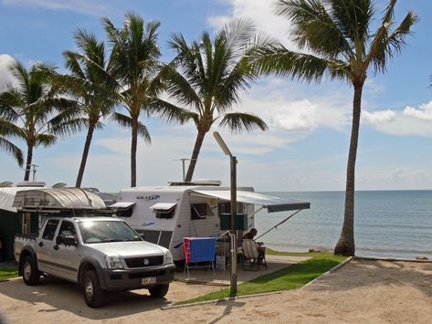 Tropical Beach Caravan Park | Spectacular Absolute Waterfront 4 Star Bowen Accommodation & Caravan Sites Beach Caravan, Waterfront Cabins, Caravan Site, Waterfront Dining, Caravan Park, Ocean Views, Tropical Garden, Tropical Beach, Marine Life