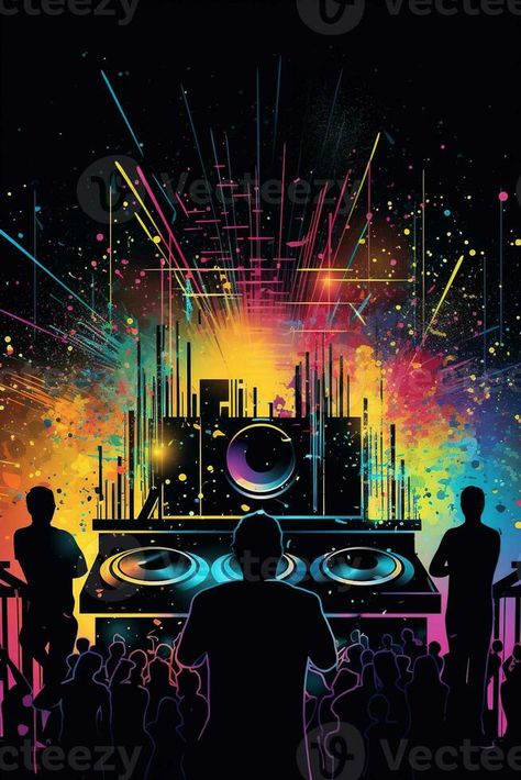 Abstract vector poster with colorful dj console, big speakers, fireworks, light bulbs, glitter, people dance, equalizer bars in background. Concept dance party. Generative AI Dj Console, Dj Poster, People Dance, Big Speakers, Vector Poster, Dj Party, People Dancing, Website Design Layout, Tree Saw