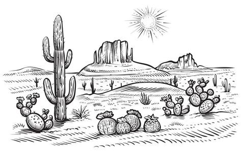 Desert landscape vector illustration with saguaro and opuntia blooming cactus. D , #Ad, #saguaro, #opuntia, #blooming, #illustration, #Desert #ad Desert Coloring Pages, Desert Drawing, Desert Tattoo, Drawing Scenery, Cactus Drawing, Blooming Cactus, Desert Animals, Desert Scene, Wilde Westen