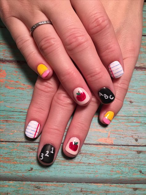 Nails 10 Year, Teacher Nail Art, Nails Checkered, Teacher Nails, About Teacher, Favourite Teacher, Nails Colorful, Nails Elegant, August Nails