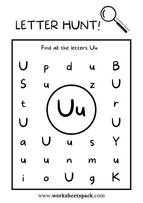 Find the Letter U Worksheet, Alphabet U Hunt Activity Free Printable for Kids - Printable and Online Worksheets Pack Letter Find Preschool Free Printable, Letter U Craft Preschool, Letter U For Preschoolers, Letter U Activities For Kindergarten, U Worksheets Preschool, U Is For, Letter U Worksheets Preschool, Letter U Activities For Preschool, Preschool Letter U