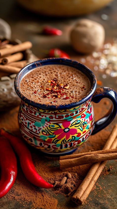 Spiced Hot Chocolate: A cup of rich, spiced hot chocolate adorned with chili flakes in a colorful mug. #hot #chocolate #spiced #cinnamon #chili #mug #colorful #beverage #aiart #aiphoto #stockcake https://ayr.app/l/AUPA Chilli Hot Chocolate, Hot Chocolate Images, Chocolate Image, Earth Kitchen, Spiced Hot Chocolate, Spicy Hot Chocolate, Luxury Gloves, Restaurant Aesthetic, Tiktok Edits