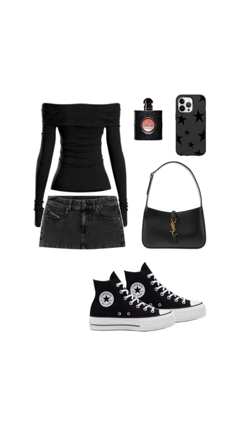 #outfit #inspo #black #summer #converse #miniskirt Black Dress With Converse, Summer Converse, Dress With Converse, Black Skirt Outfits, Converse Outfits, Black High Top Converse, Black Converse, Outfits With Converse, Black High Tops