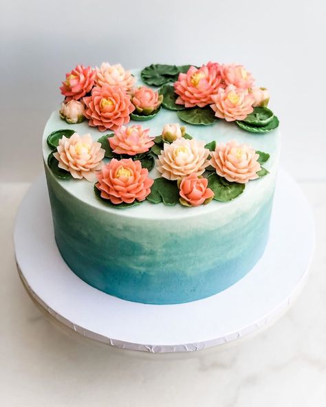 @lila.cakeshop on Instagram: “A lotus pond on watercolor buttercream.  Inspired by my beautiful, artistic mom and her hometown of Huế 💛❤️” Pond Cake, Lotus Cake, Lily Cake, Buttercream Designs, Cake Structure, Tier Cakes, Single Tier Cake, Cupcake Cake Designs, Lotus Pond