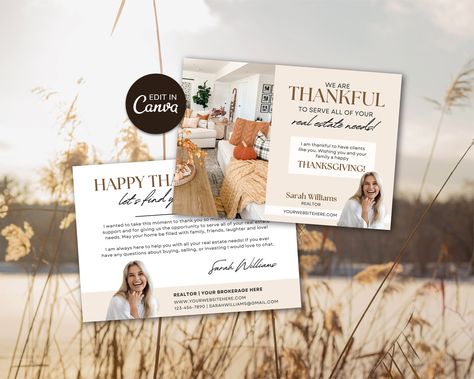 "DIGITAL DOWNLOAD TEMPLATE ON CANVA | Thanksgiving REAL ESTATE Postcard Template Vol 3 Welcome to The Creative Page Co. Take your Real Estate marketing to the next level! Are you a realtor looking for the perfect postcards to send to your farming area this Thanksgiving? Celebrate this Thanksgiving season and keep engaging with your audience by sending them this card as either a postcard or pop-by tag. This Thanksgiving-inspired postcard template is perfect for you to reach new clients in your area that are ready to buy their dream home or sell their current home this season. Included are three different back options for you to choose from and two different sizing options for you to choose from to make sending off your postcards a breeze. Create eye-catching, modern, and professional market Thanksgiving Real Estate, Fall Postcard, Pop By, Real Estate Farming, Realtor Postcards, Marketing Postcard, Real Estate Postcards, Real Estate Marketing Design, Marketing Graphics