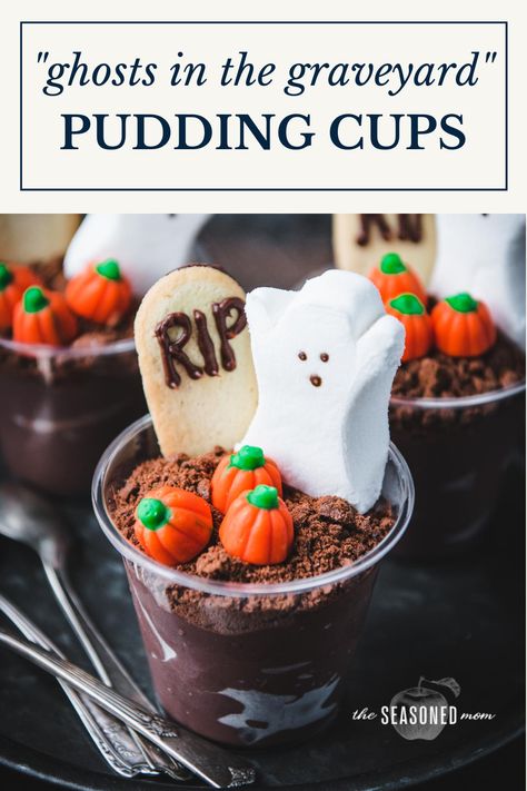 Graveyard Dirt Pudding, Dessert Pudding Cups, Ghosts In The Graveyard, Graveyard Pudding, Pudding Cup Desserts, Dirt Pudding Recipes, Graveyard Dirt, Halloween Themed Snacks, Classroom Snacks