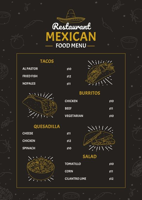 Doodle Monocolor Restaurant Mexican Food Menu Mexican Food Menu Design, Mexican Restaurant Menu Design, Mexican Menu Design, Churro Bar, Mexican Restaurant Menu, Taco Menu, Menus Design, Mexican Food Menu, Menu Project