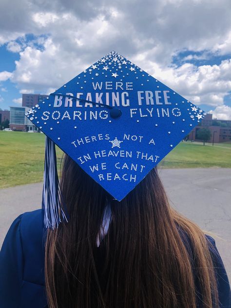 Grad Cap Ideas! High School Musical, “Breaking Free” Grad Cap High School Cap Decoration Senior Year, Grad Cap Ideas Hsm, High School Musical Quotes Senior Year, High School Musical Cap Ideas, High School Musical Senior Quotes, Grad Cap Music Ideas, Highschool Musical Graduation Cap, Musical Grad Caps, Graduation Cap Designs High School Musical