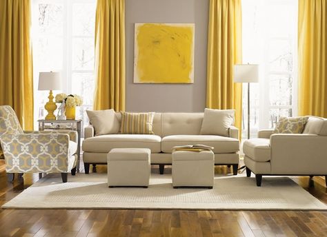 Eye For Design: Decorating With The Grey and Yellow Color Combination Yellow Curtains Living Room, Grey And Yellow Living Room, Beige Bank, Yellow Decor Living Room, Furnitur Ruang Keluarga, Living Room Decor Gray, Yellow Curtains, Yellow Living Room, Trendy Living Rooms