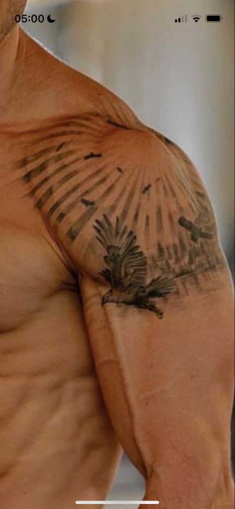 Man Small Chest Tattoo, Shoulder Onto Chest Tattoo, Back Shoulder Tattoo Men Ideas, Background Ideas For Tattoos Sleeve, Tatoos Men Shoulder Ideas, Delt Tattoo For Men, Chest Tattoo Ideas For Men Unique, Small Shoulder Tattoos Men, Shoulder Tattoo For Guys