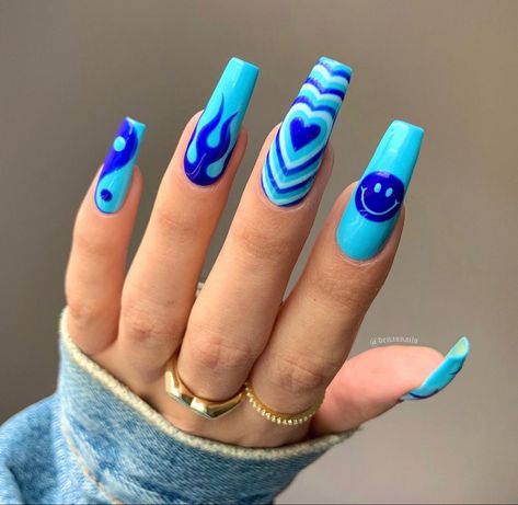 Blue Valentine’s Day Nails, Edgy Blue Nails, Cute Funky Nails Square, Funky Blue Nails, Blue Acrylic Nails Coffin, Trippy Nail Designs, Bisexual Nails, Nail Art Funky, Designs Nails Art