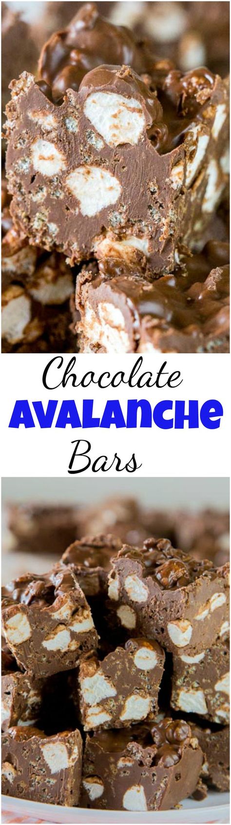 Chocolate Avalanche Bars – super easy no bake avalanche cookies turned into even easier bars made with 3 kinds of chocolate!   #dessert #thesimplekitchen #avalanchecookies #chocolate #marshmallows #peanutbutter #nobake #holidaybaking No Bake Avalanche Cookies, Avalanche Bars, Avalanche Cookies, Easy No Bake, Almond Bark, Chocolate Marshmallows, Chocolate Dessert Recipes, Scrumptious Desserts, Chocolate Dessert